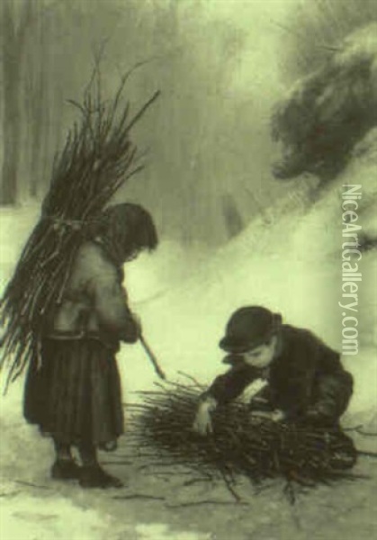 The Young Faggot Gatherers Oil Painting - Pierre Edouard Frere