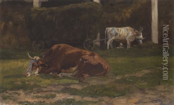 Ruhende Rinder Mit Heuwagen Oil Painting - Richard Benno Adam