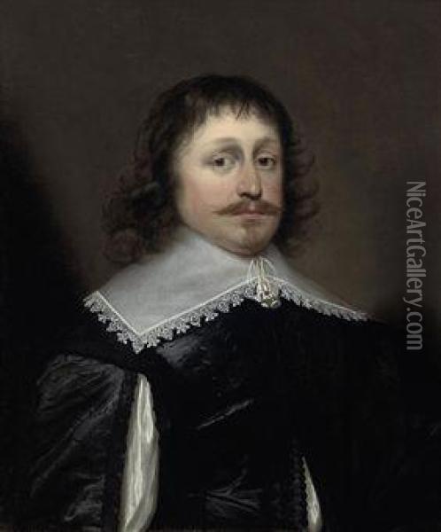 Portrait Of A Man, Traditionally
 Identified As John Hawtrey(1600-1658), Bust-length, In A Black Jacket 
With Lace Collar Oil Painting - Cornelius Jonson