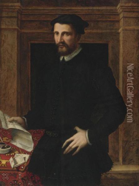 Portrait Of A Gentleman, Three Quarter Length, Holding A Letter Oil Painting - Mirabello Cavalori (Salincorno)
