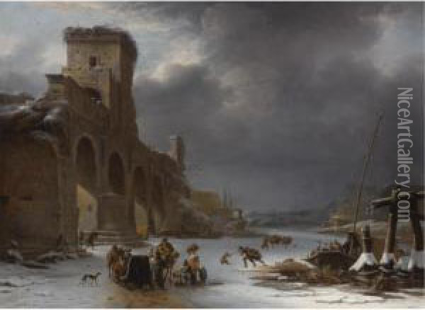 Winter Landscape With The Tiber And The Ponte Molle, Rome Oil Painting - Willem Schellinks
