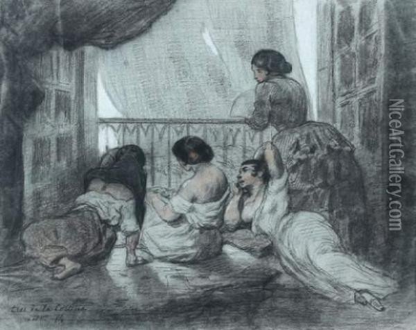 Femmes Se Rafraichissant Sur Un Balcon, A Madrid Oil Painting - Felix Joseph Barrias
