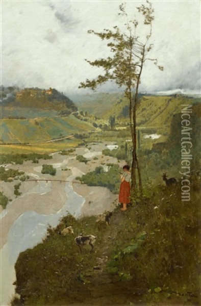 Young Shepherdess In A Landscape Oil Painting - Edouard (John) Menta