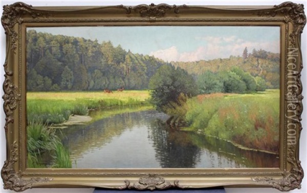 Mecklenburgische Landschaft Mit Kiefern Und Rehen An Flusslauf Oil Painting - Paul Vorgang