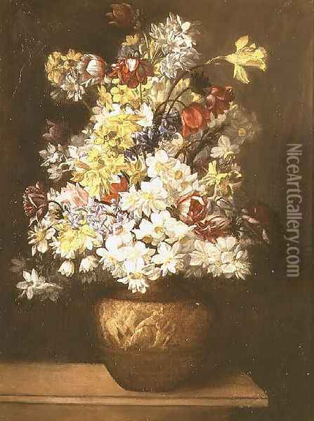Still Life of Spring Flowers in a Classical Urn Oil Painting - Giacomo Recco