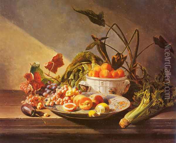 A Still Life With Fruit And Vegetables On A Table Oil Painting - David Emil Joseph de Noter