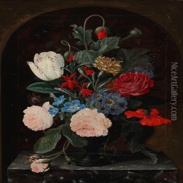 Flower Bouquet In A Vase On A Stone Sill Oil Painting - Christian Mollback