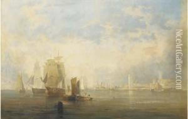 Shipping In The Harbour, South Shields Oil Painting - John H. Wilson