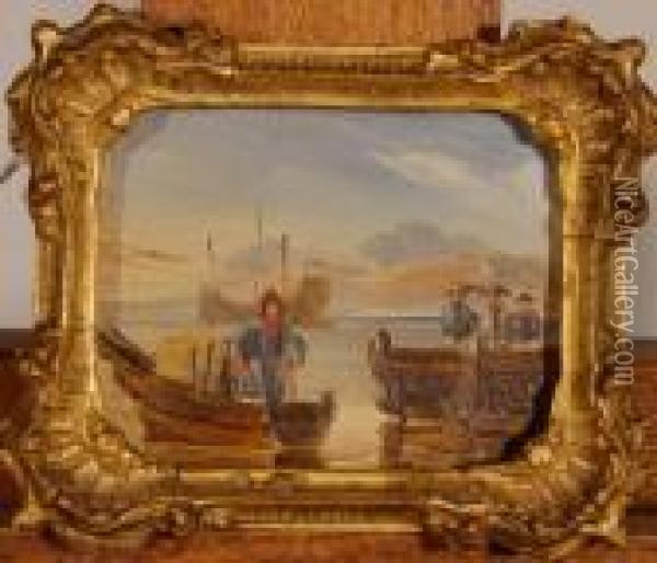 Figures And Boats In Macao Oil Painting - George Chinnery
