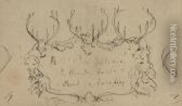 Design For A Cartouche Formed Of Stag Heads And Antlers Oil Painting - Landseer, Sir Edwin