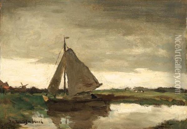 Sailboat On A Canal Oil Painting - Jan Hendrik Weissenbruch