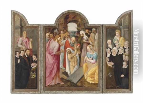 A Triptych: Central Panel: The Raising Of Lazarus; The Wings: On The Left, A Male Donor, Kneeling, With His Sons, Presented By Saint Jacob; And On The Right, The Donor