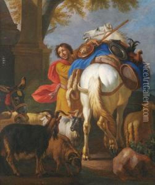 Ein Reisender Mit Seinem Pferd, Ziegen Und Esel Oil Painting - Pieter van Bloemen
