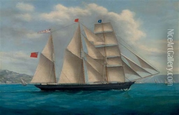 The Barquentine "sparkling Foam" In The Mediterranean Off Naples Oil Painting - Tommaso de Simone