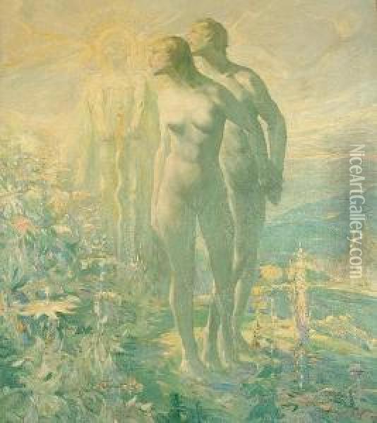 Adam And Eve In The Garden Of Eden Oil Painting - Frank J. Van Sloun