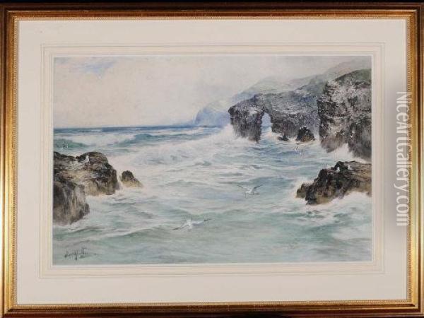 A Rocky Coastal Scene - A Companion View To The Previous Lot Oil Painting - Thomas Swift Hutton