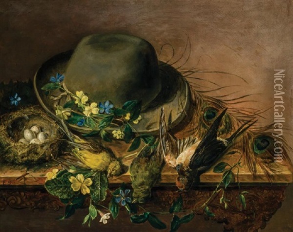 Still Life With Hat, Bird, And Eggs Oil Painting - Emily Stannard