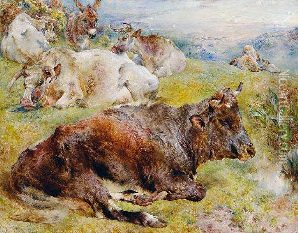 Cattle, Donkey And Sheep In A Pastorallandscape Oil Painting - William Huggins