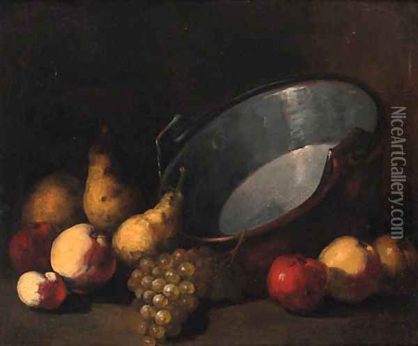 Pears, apples and grapes alongside a cauldron Oil Painting - Theodule Augustine Ribot