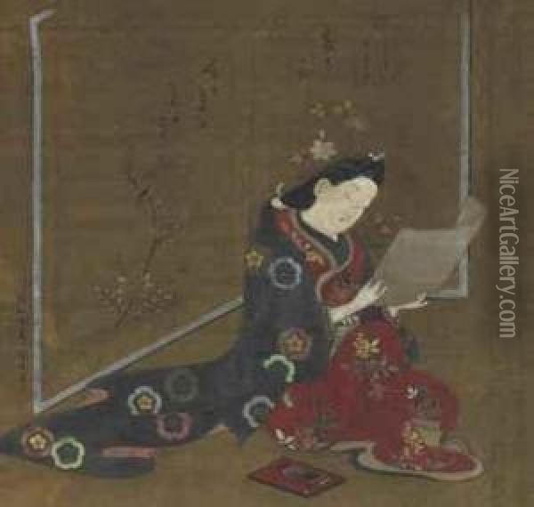 Beauty Reading A Letter Beside A Screen Oil Painting - Hishikawa Morofusa