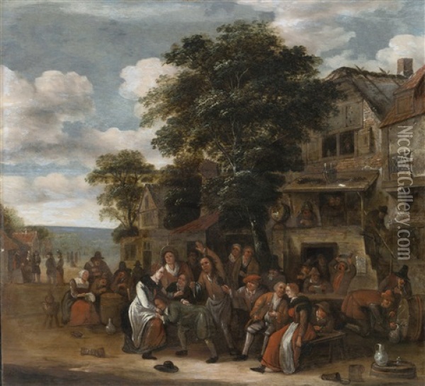 A Village Scene With Revelers Outside An Inn Oil Painting - Rutger Verburgh