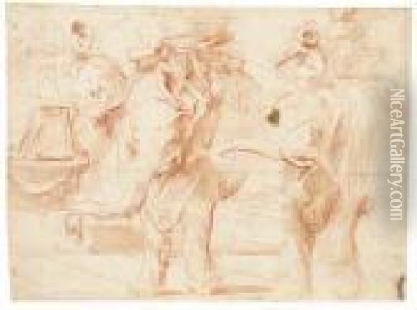 Trois Hommes Montes Sur Des Elephants Portant Des Trophees Oil Painting - Andrea Di Lione