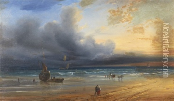 Bateaux Et Chevaux Sur La Greve A Maree Basse Oil Painting - Baron Jean Antoine Theodore Gudin