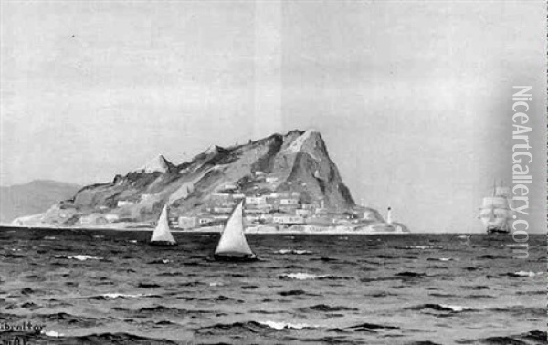 Marine, Sejlskibe Pa Havet Udfor Gibraltar Oil Painting - Emanuel A. Petersen