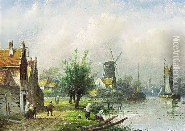 A Sunny Landscape With Washerwomen On A Riverbank Oil Painting - Jan Jacob Coenraad Spohler