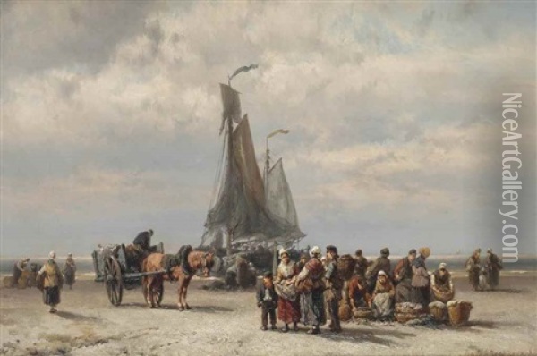Collecting The Catch At Low Tide Oil Painting - Johannes Hermanus Barend Koekkoek