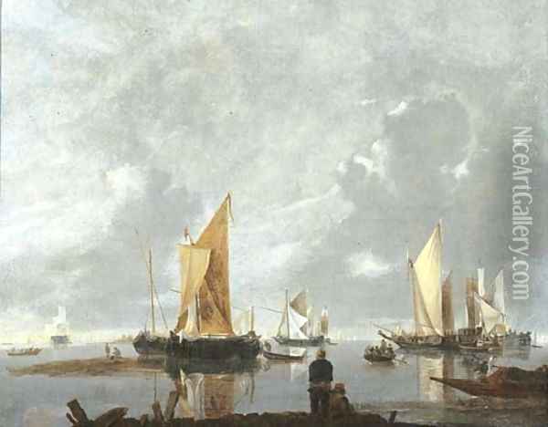 Moored ships in a calm, fisherfolk on a jetty nearby Oil Painting - Hendrick Dubbels