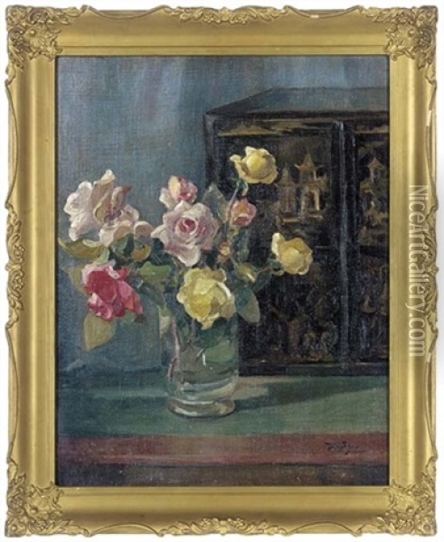 Roses In A Glass Vase Oil Painting - Francois de Blois