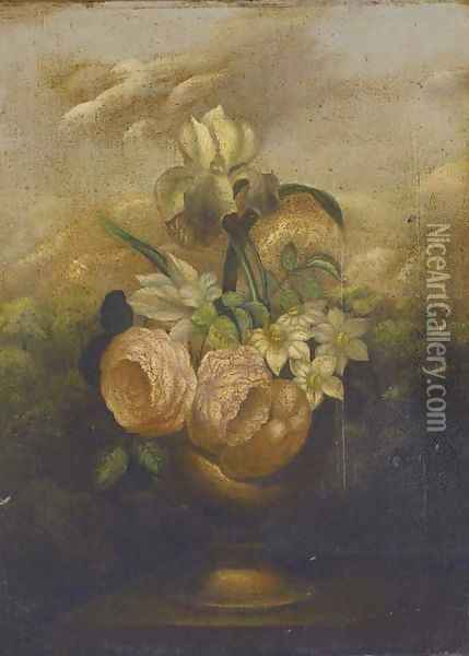 Irises, roses and narcissae in an urn on a garden plinth; and Another similar Oil Painting - Dutch School