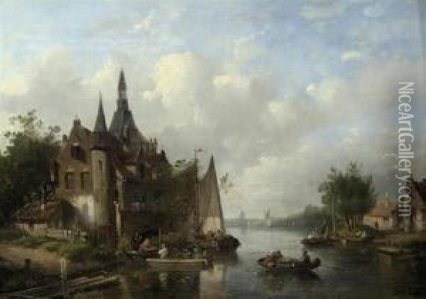 Boats On A River Near A Dutch Town Oil Painting - Salomon Leonardus Verveer