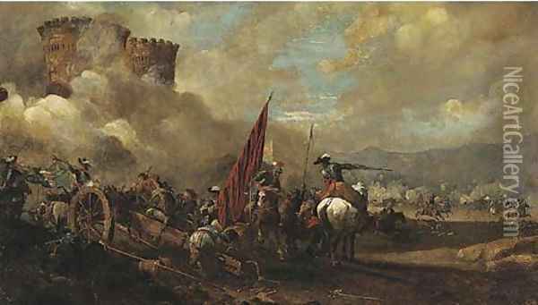 A cavalry and artillery battle before a fort Oil Painting - Jacques Courtios, Il Borgognone