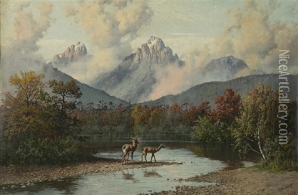 Mountain Landscape With Deer Oil Painting - William Baptiste Baird