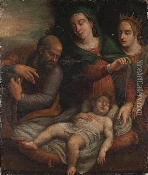 The Holy Family With Saint Catherine Oil Painting - Giovanni Antonio Sogliani