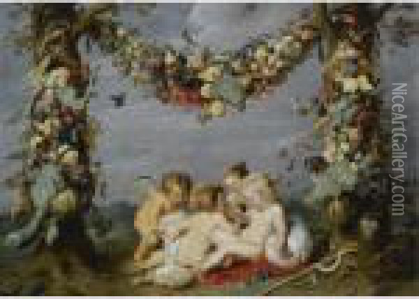 A Garland Of Fruit With The Infants Christ And Saint John The Baptist Playing Oil Painting - Peter Paul Rubens