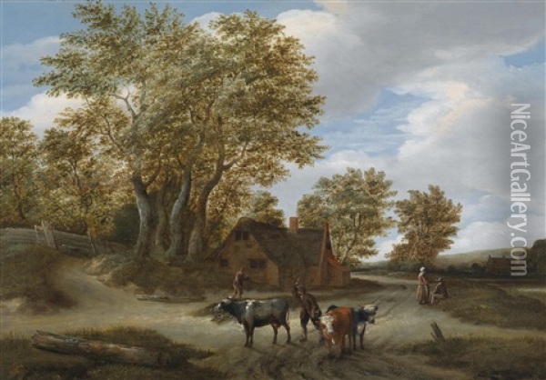 Landschaft Mit Einer Bauernkate Unter Baumen Und Landlicher Staffage Oil Painting - Godaert Kamper