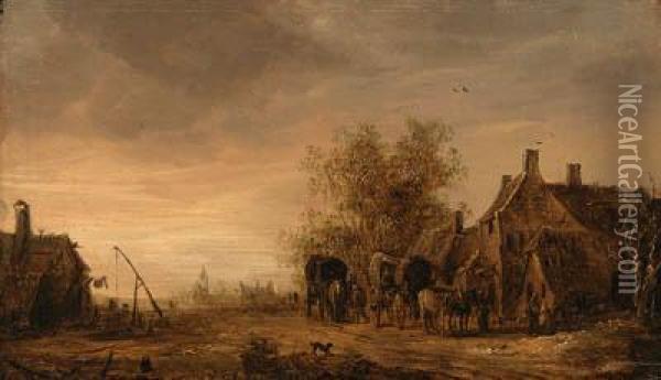 A View Of The Village Of Renkum,
 With Travellers In Wagons Restingon The Roadside By An Inn, The Church 
Beyond Oil Painting - Jan van Goyen