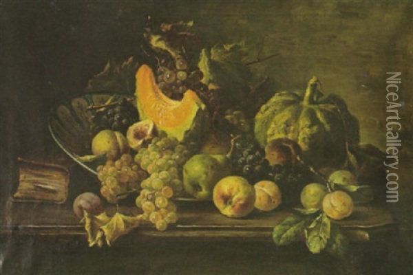 A Still Life With A Squash, Peaches, Grapes, Other Fruit And A Bowl And A Book On A Tabletop Oil Painting - Franz Hohenberger