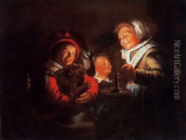 Lachende Kinder Bei Kerzenlicht Oil Painting - Jan Miense Molenaer