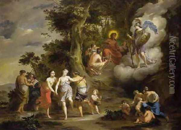 Pallas Athene Visiting Apollo on the Parnassus 1703 Oil Painting - Arnold Houbraken