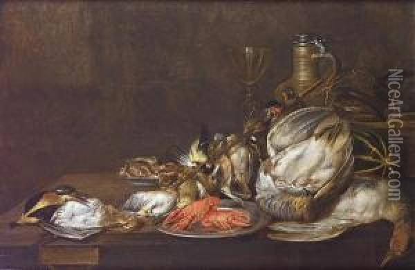 Dead Finches With A Pewter Dish 
Of Crayfish And A Dead Kingfisher, Grouse And Duck On A Table-top Oil Painting - Alexander Adriaenssen