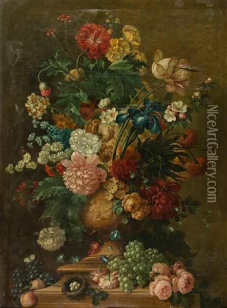 Stillleben Mit Blumen, Fruchten Und Vogelnest Oil Painting - Arnoldus Bloemers