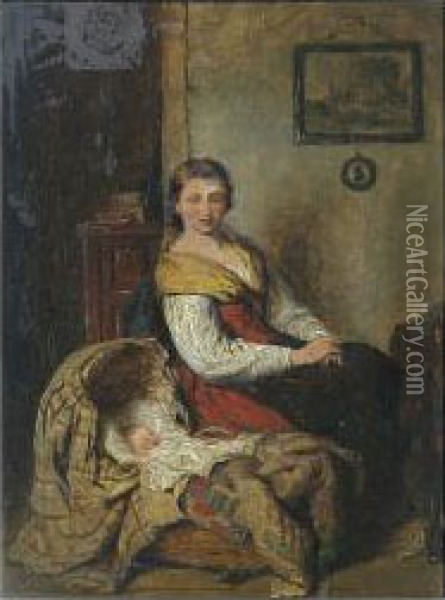 Interior Scene With Mother And Baby Oil Painting - George Smith