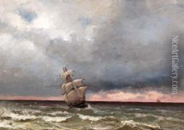 Tweemaster Op Zee Na Zonsondergang Oil Painting - Jacob Eduard Van Heemskerck Van Beest