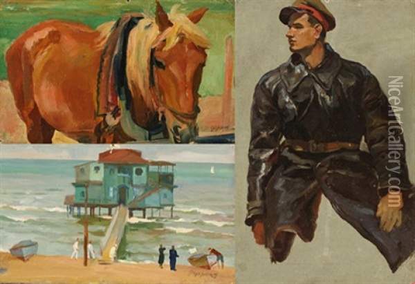 Beach Scene; Portrait Of A Young Man; Horse Oil Painting - Rudolf Feodorovich Frentz
