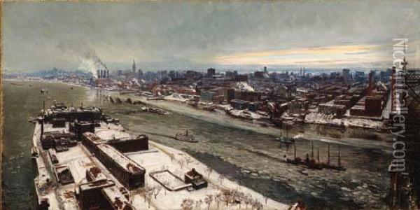 View Of Manhattan In Winter Oil Painting - Sebastien Cruset