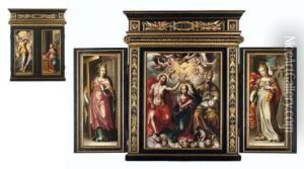 The Coronation Of The Virgin; Left Wing: Saint Barbara Oil Painting - Otto van Veen